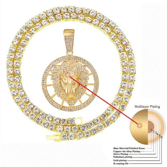 Golden King Lion Pendant Necklace, Iced Out - Picture 2 of 3